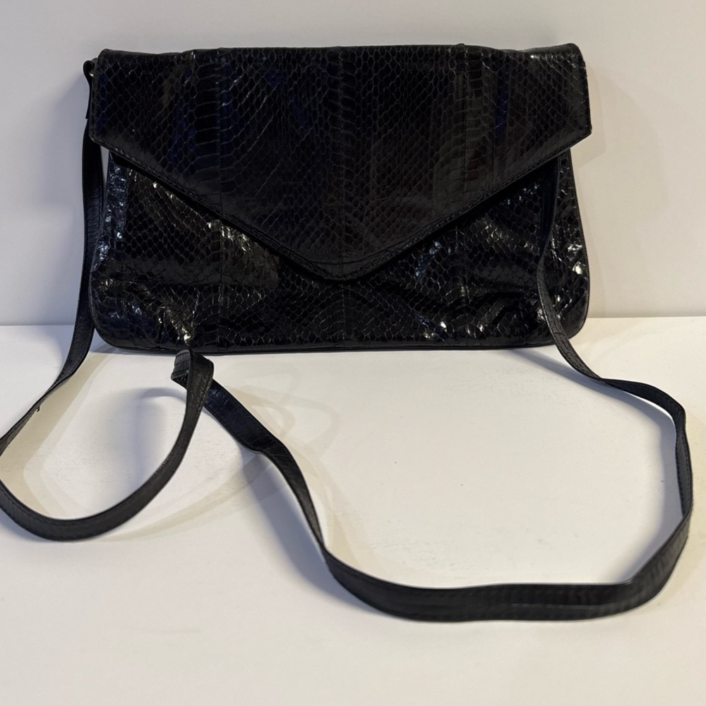 Vintage J RENEE Exotic Black SNAKE SKIN LEATHER Clutch Purse Shoulder Bag